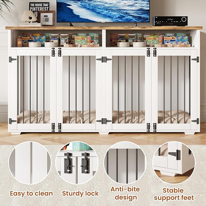 63'' Dog Crate Furniture for 2 Dogs, Wooden Dog Cage with Storage Compartment, Indoor Dog Kennel with 4 Doors for Large/Medium Dogs, White-PawvioPets