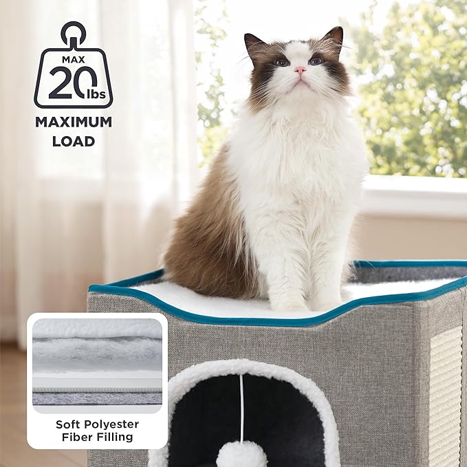 Bedsure Cat Beds for Indoor Cats - Large Cat Cave for Pet Cat House with Fluffy Ball Hanging and Scratch Pad, Foldable Cat Hideaway, 16.5x16.5x13 inches, Grey-PawvioPets