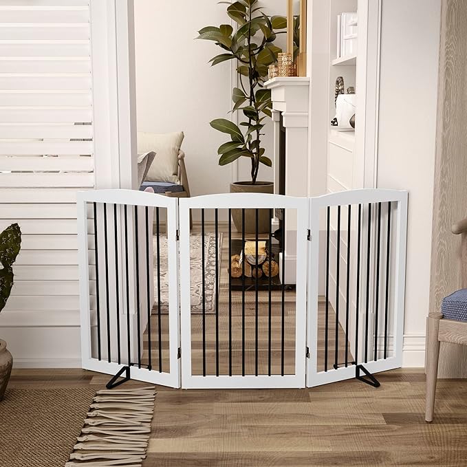 Freestanding Pet Gate for Dogs, Foldable Wooden Dog Gate for House Indoor, Tall Pet Fence for Stair, Doorway,Hall, Support Feet Included, 3 Panels 32",White-PawvioPets