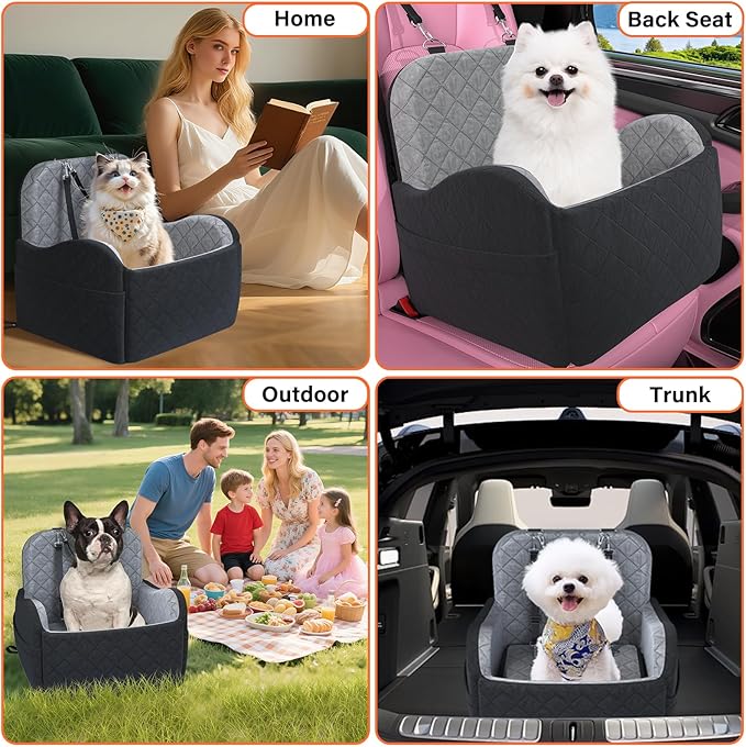 Dog Booster Car Seat, 6in Memory Foam Adjustable Booster Cushion for Small/Medium Dogs, Detachable and Washable Dog Car Seat with Cooling Mat, Pet Booster Seat with Storage Pockets, 2 Safety Belts-PawvioPets