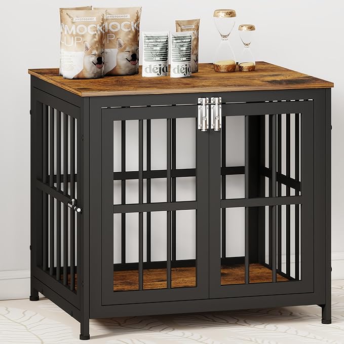 26 Inch Heavy Duty Wooden Dog Kennel End Table with Double Door Design and Secure Locks, Indoor Pet Crate Furniture for Small Dogs, Decorative Home Cage Design,Aged Black-PawvioPets