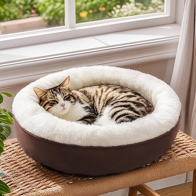 Love's cabin Round Donut Cat and Dog Cushion Bed, 20in Pet Bed for Cats or Small Dogs, Anti-Slip & Water-Resistant Bottom, Super Soft Durable Fabric Pet Beds, Washable Luxury Cat & Dog Bed Brown-PawvioPets