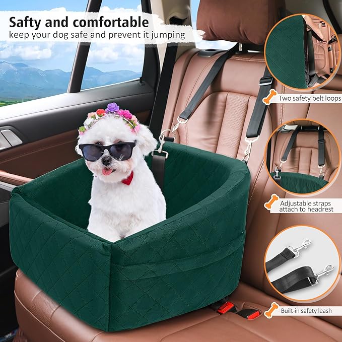 Dog Car Seat for Small Medium Dogs,Detachable Washable Dog Booster Seat Under 30lbs, Pet Car Seats Travel Bed with Storage Pockets and Safety Belt(Green)-PawvioPets