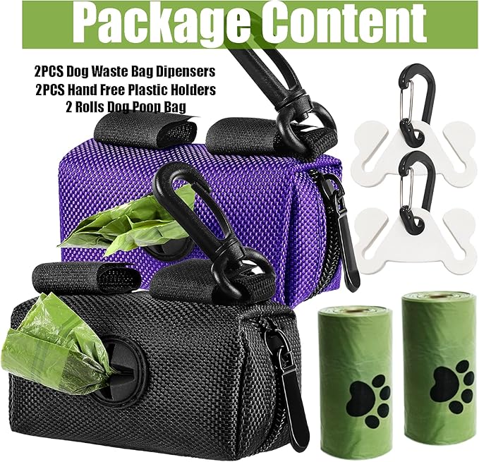 2Packs Dog Waste Bag Dispenser Pet Poop Bags Holder for Doggie Waste Bags Dispensers Soft Fabric Zipper Small Doggy Puppy Pouch for Leash Accessory Attachment with Carrier (Black & Purple)-PawvioPets