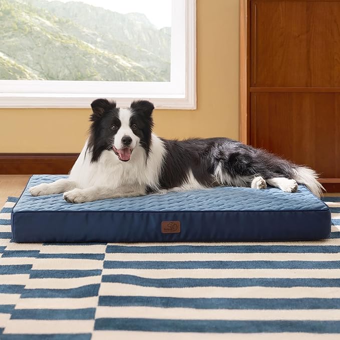 Bedsure Orthopedic Dog Bed for Large Dogs - Thick Flat Memory Foam Pet Mattress with Removable Washable Cover and Egg Crate Foam, Suitable for Pet Up to 65 lbs, 36x27x3.5 Inches, Navy-PawvioPets