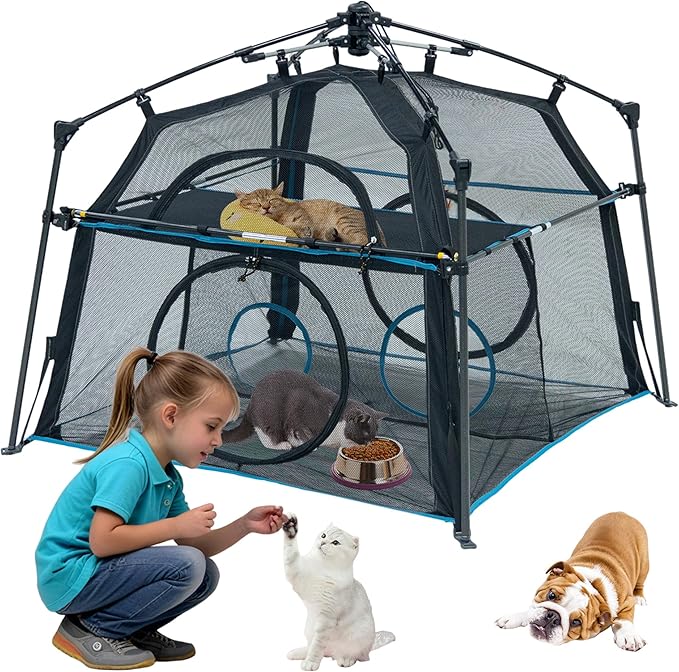 Cat Enclosure and Cat Tower Tent with Two Styles of canopiesfor Indoor and Outdoor,X-Large Outdoor Catio, Cat Tent,Portable and Foldable,Two Doors Design can Assemble More Shapes (Patented)-PawvioPets