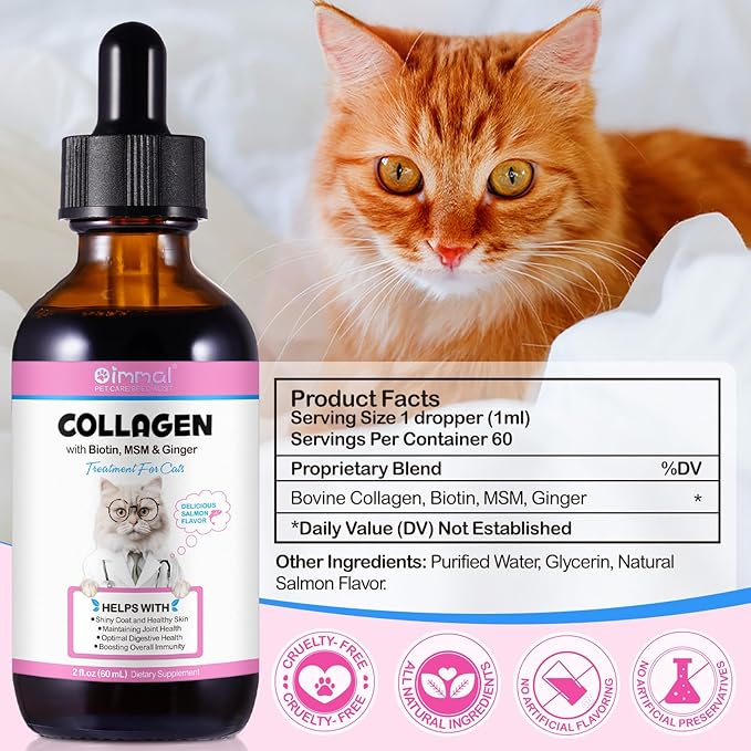 Collagen for Cats, Daily Liquid Collagen Drops for Cats with Allergies, Biotin, Vitamin C and Hyaluronic Acid, Improves Mobility Skin and Coat Health, Itch Relief for Cat, Salmon Flavor, 60ML-PawvioPets