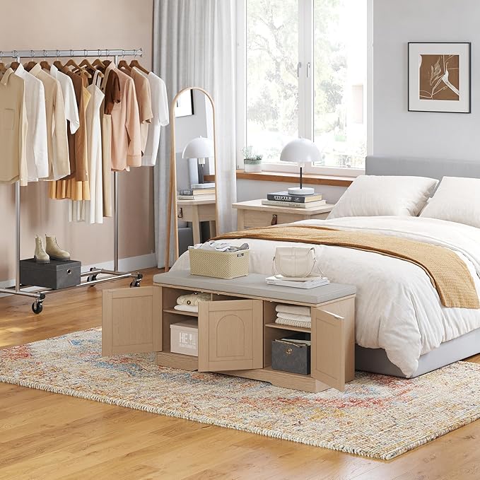 DINZI LVJ Shoe Bench, Entryway Storage Bench with Doors, Cushion, 2-Tier Shoe Rack with 6-Cubby, 39.4”L x 13.8”W Shoe Organizer Cabinet, Adjustable Shelf, Living Room, Bedroom, Natural-PawvioPets