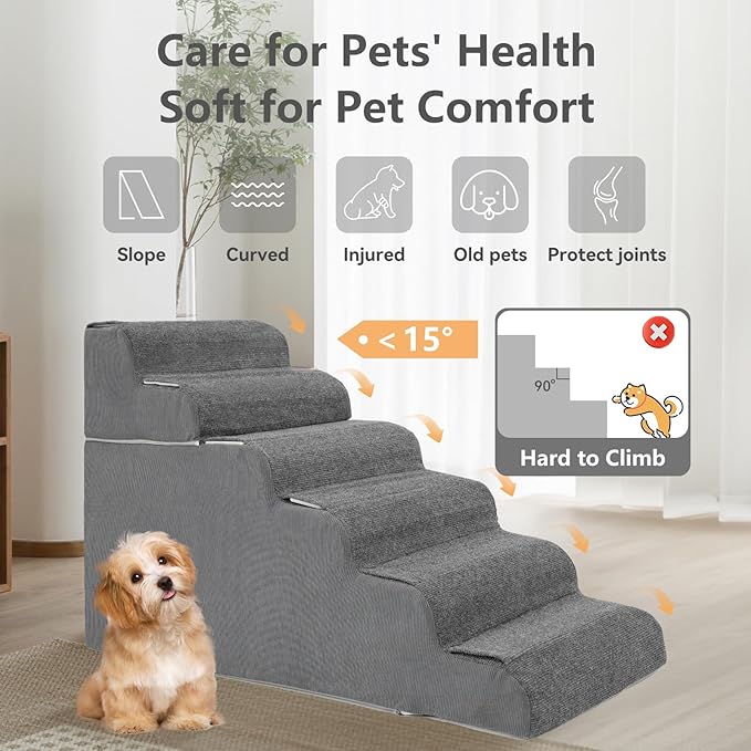 ABORON 𝟲 𝗦𝘁𝗲𝗽𝘀 Dog Steps for High Bed, 26 Inch High Dog Stairs for Small Dogs, Waterproof Pet Stairs for Small Old Large Dogs and Cats with Removable Cover & PE Support Board for Bed/Car/Couch-PawvioPets