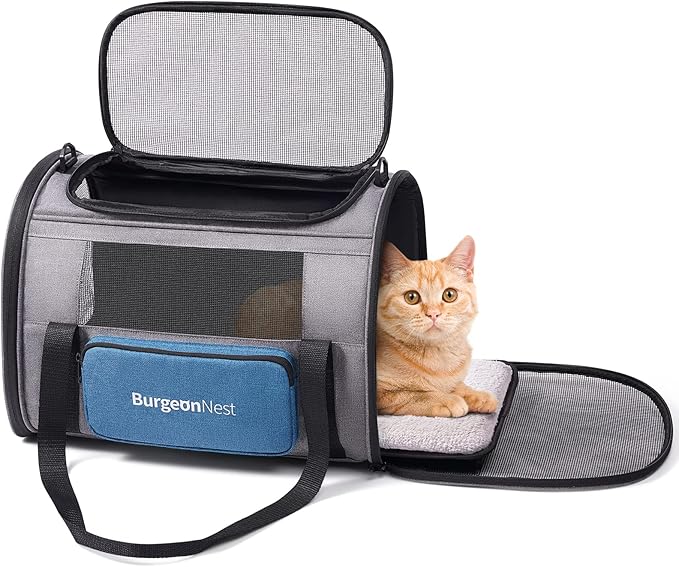 BurgeonNest Cat Carrier for Large Cats 20 lbs,Medium Pet Under 25 lbs,2 Puppy and Small Dogs with Unique Side Bag,Top Load Pet Carrier Soft-Sided Escape Proof with 4 Ventilated Windows-PawvioPets