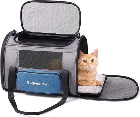BurgeonNest Cat Carrier for Large Cats 20 lbs,Medium Pet Under 25 lbs,2 Puppy and Small Dogs with Unique Side Bag,Top Load Pet Carrier Soft-Sided Escape Proof with 4 Ventilated Windows-PawvioPets