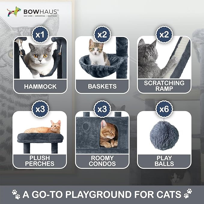 Extra Large 80-Inch Tall Cat Tree w/Widened Perch for Large Cats, Big Cat Tower Indoor, Modern Multi-Level Activity Tower with Scratching Posts, Condos, Baskets, Hammock, Scratching Ramps-PawvioPets