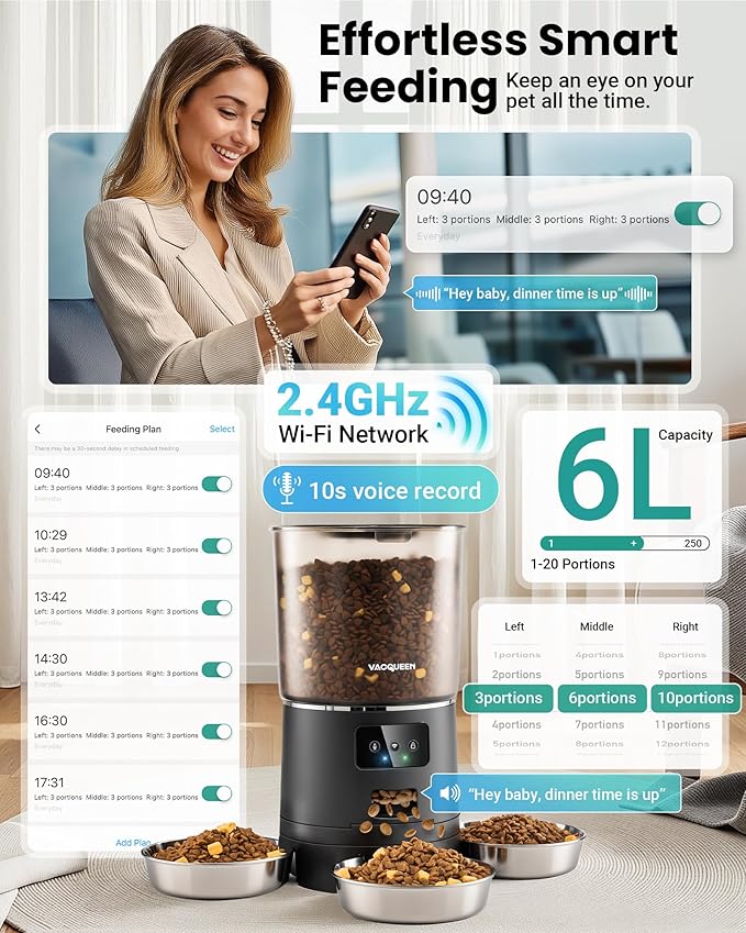 Automatic Cat Feeder for 3 Cats, 6L/25 Cups Smart WiFi Pet Feeder, Strong Anti-Jam System, Dual-Effect Desiccant Cat Food Dispenser, with 10S Voice Recorder for Cats and Small Dog(Black)-PawvioPets