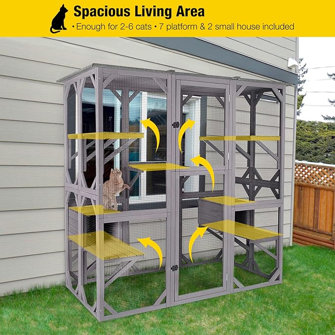 Aivituvin Catio Outdoor Cat Enclosure Large Walk in Cat Kennel Kitten Cage with Platforms and Small Houses-PawvioPets