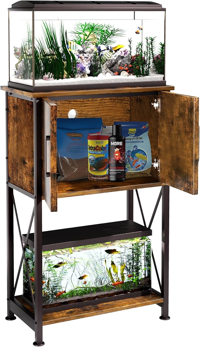5-10 Gallon Fish Tank Stand, Metal Double Aquarium Stand with Cabinet for Fish Tank Accessories Storage, Heavy Duty 20.5" L* 11.02" W Tabletop, 500LBS Capacity Rustic Brown and Black PG06YGN-PawvioPets