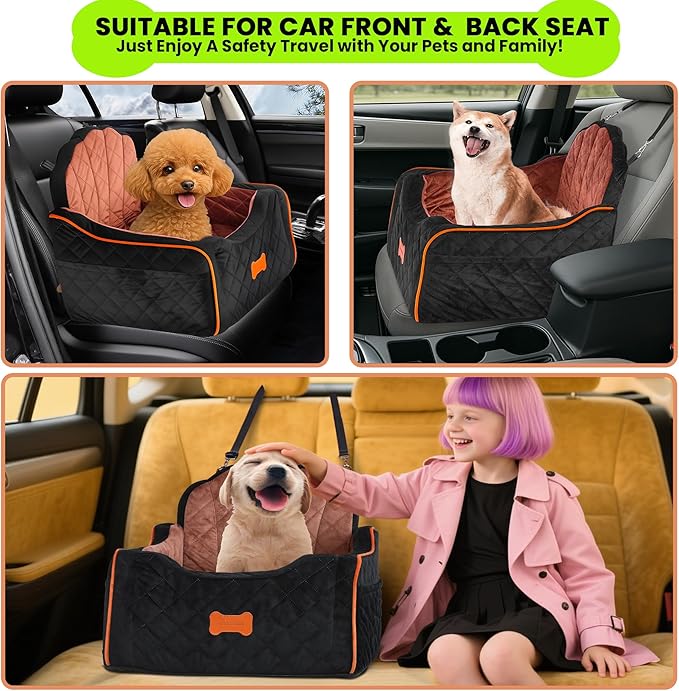 Dog Car Seat for Small Dogs Under 30lbs, Detachable Washable Pet Booster Seat with Safety Belt & Storage Pockets, Travel Car Bed, Black/Brown-PawvioPets