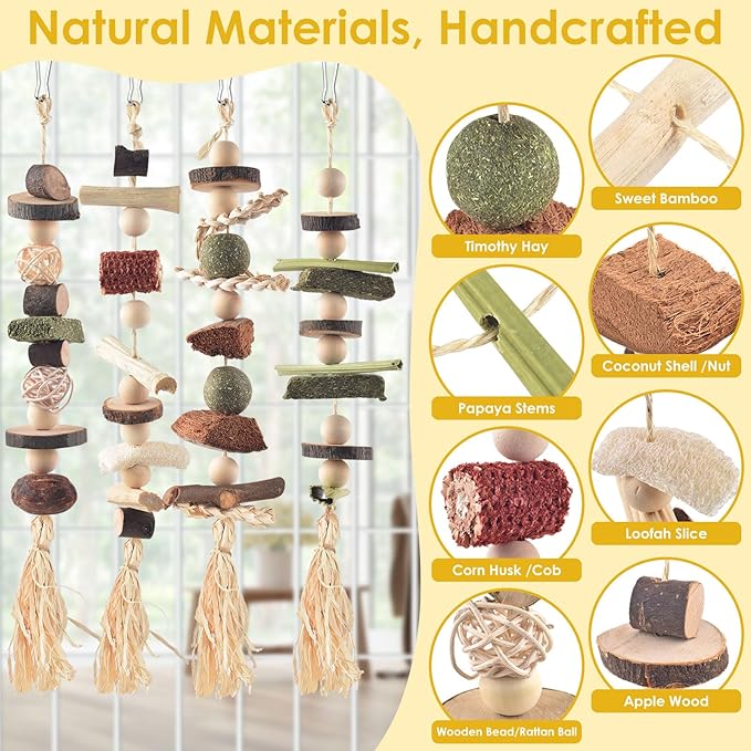 4 Pcs Bunny Chew Toys for Teeth, Hanging Rabbit Chewing Toy Treats with Timothy Grass & Natural Apple Wood, Improve Small Rodent Dental Health for Guinea Pig Hamster Chinchilla Rat Gerbil-PawvioPets