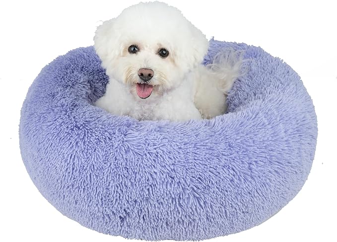 Best Pet Supplies Round Donut Dog Bed with Plush Faux Fur Fabric, Calming, Anti-Anxiety Cushion for Indoor Pets, Slip-Resistant Base, Soft Ergonomic Support - Lavender, 27x27x7.5''-PawvioPets