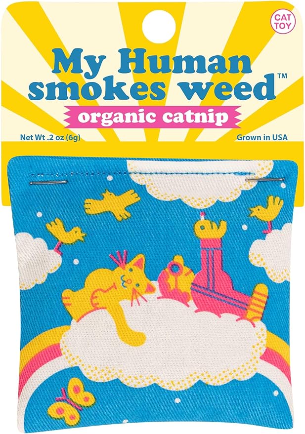 Blue Q My Human Smokes Weed Catnip Cat Toy. Premium Organic Catnip Grown in The USA, 100% Cotton Pouches, Kitty Graphics Sure to Delight Every Cat-Keeper.-PawvioPets