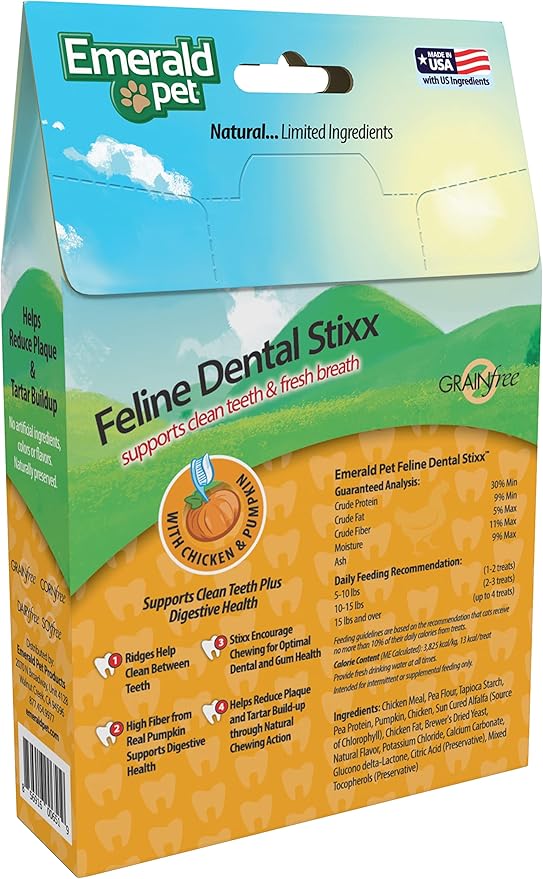 Emerald Pet Feline Dental Stixx — Tasty and Crunchy Cat Dental Sticks with Pumpkin for Digestive Health — Natural Grain Free Dental Treats for Clean Cat Teeth and Fresh Breath — Chicken Stixx, 3.6 oz-PawvioPets