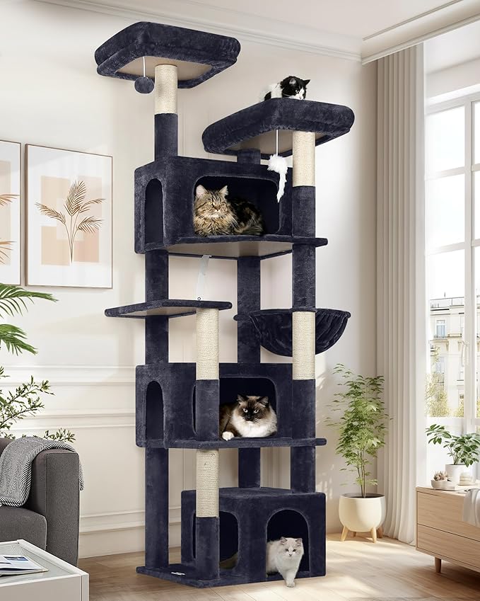 Globlazer Sturdy Cat Tree for Large Cats, 77 inch Large Cat Climbing Tower for Indoor Adult Cats, Cat Scratching Tower with 5 Scratching Posts, 3 Cat Condos, 2 Top Perches, S77, Dark Grey-PawvioPets