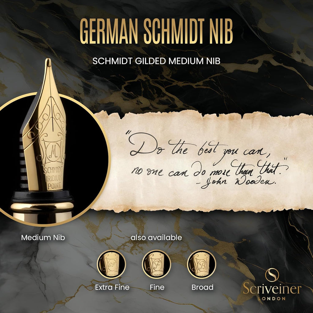 Scriveiner Luxury Fountain Pen - Stunning Luxury Pen, Real Gold Finish, Schmidt Gilded Nib (Medium), Converter, Best Pen Gift Set for Men & Women, Professional, Executive, Office, Nice Pens