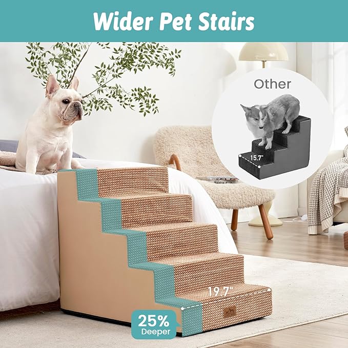 Dog Stairs for Small Dogs, 5 Tier Removable Wider Pet Stairs for Couch and Bed, 23.6" H Non-Slip Dog Steps for Puppies and Old Cats with Support Board, 29.5x19.7x23.6 inch, Light Brown-PawvioPets