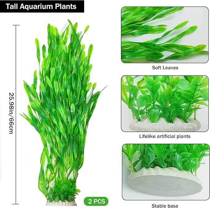 25.98 Inch Tall Aquarium Plants – Large Lifelike Artificial Fish Tank Decorations, 2 Pcs Fish Tank Plants Plastic，Durable & Safe for Freshwater/Saltwater Aquariums (Green (Style B))-PawvioPets