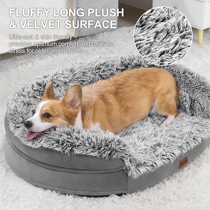 3.7 inch Thickened Orthopedic Dog Beds for Medium Dogs, Supportive Dog Sofa Bed with 28D Egg-Crate Foam, Removable Washable Plush Cover, Waterproof Lining, Half-Round Design for Puppy,Senior Dog-PawvioPets