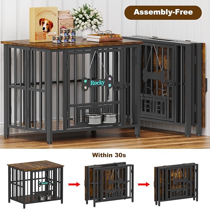 Easycom 31" Dog Crate Furniture Foldable, No Assembly Decorative Dog Kennel Indoor, Dog Crates for Small Dogs (20-40 lbs), Wooden Dog Cage with Adjustable Bowls and Name Tag, End Table, Rustic Brown-PawvioPets