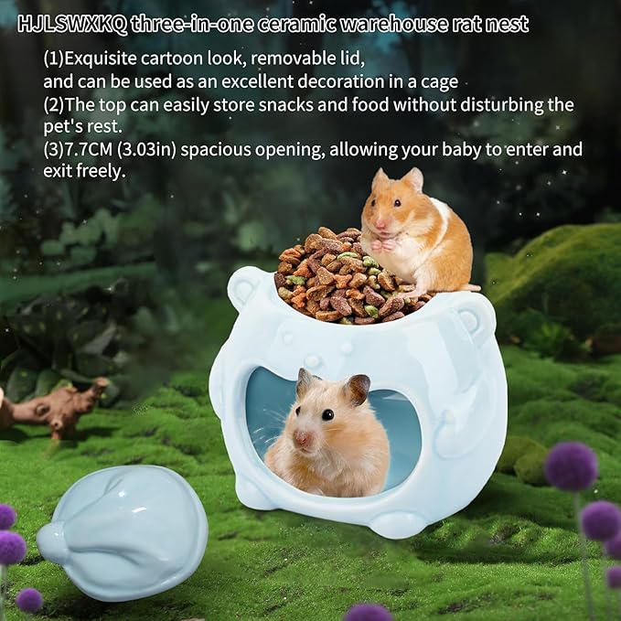 3-in-1 Bear Shaped Ceramic Hamster House - Cool House for Syrian Dwarf Hamsters, Mice, Gerbils， Small Pets, Top for Hamster Food, Removable Lid for Ice Packs, Cute Cool Hideout for Summer（Blue）-PawvioPets