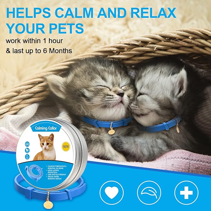 4 Pcs Cat Calming Collar Adjustable Lavender Scent Relaxing Cat Collar with 2 Pendant for Puppies Reduce Stress Aggression Anxious, up to 15 Inches(Blue)-PawvioPets