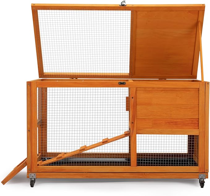 COZIWOW Fashionable Wood 36Inches Rabbit Hutch Indoor with Wheels Bunny Cage Outdoor Fashion Rabbit Cage with Clean Tray, Openable Roof, Anti-Slip Ramp for Small Bunny Rabbit (Orange)-PawvioPets