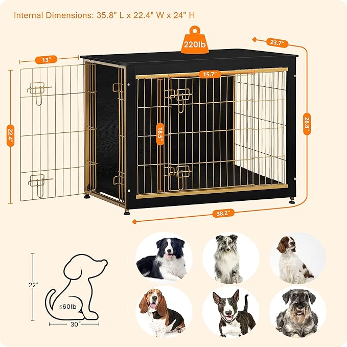 DWANTON Dog Crate Furniture with Cushion, Wooden Kennel Table with Double Doors, Indoor Dog House, Large Size, 38.5" L, Black+Gold-PawvioPets