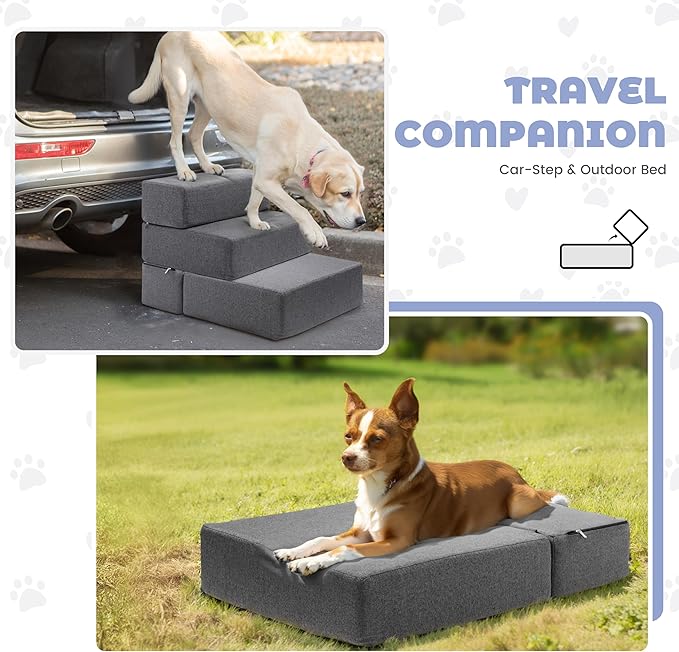 Foldable 18 Inch Wide 3 Step Wide Dog Stairs for Large Dogs, 18 Inch Height Foam Dog Steps for Bed & Couch, Linen Covered Pet Stairs for Dogs to Get on Bed, Outdoor Foam Pet Steps for for Cars & SUV-PawvioPets