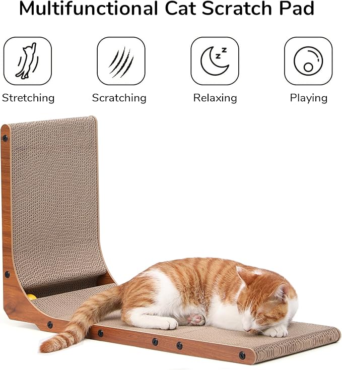 FUKUMARU Cat Scratcher, 26.8 Inch Cat Scratch Pad for Indoor Cats, L Shaped Cardboard Vertical Cats Scratching Board with Ball Toy, Walnut Color, 1 Pack-PawvioPets