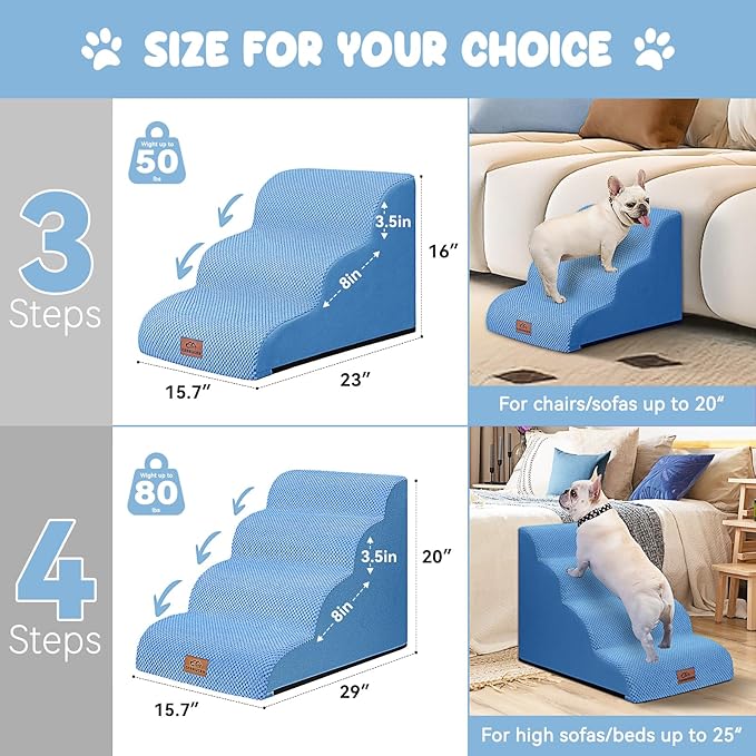 Dog Ramp and Stair for Bed 16" H-20 H,3-Step Cat Stair for Sofa and Chair,4-Step Dog Ramp for High Bed and Window,Durable Nonslip Fabric Cover for Indoor (Blue-20“H, Pet Friendly, 4)-PawvioPets