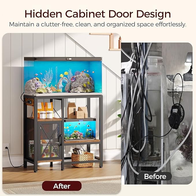 20-37 Gallon Fish Tank Stand, Aquarium Stand with Power Outlet and Storage Cabinet, Heavy Duty Tank Stand Suitable for Turtle Tank, Reptile Terrarium, for Home Office, Rustic Brown FTHR40E01-PawvioPets