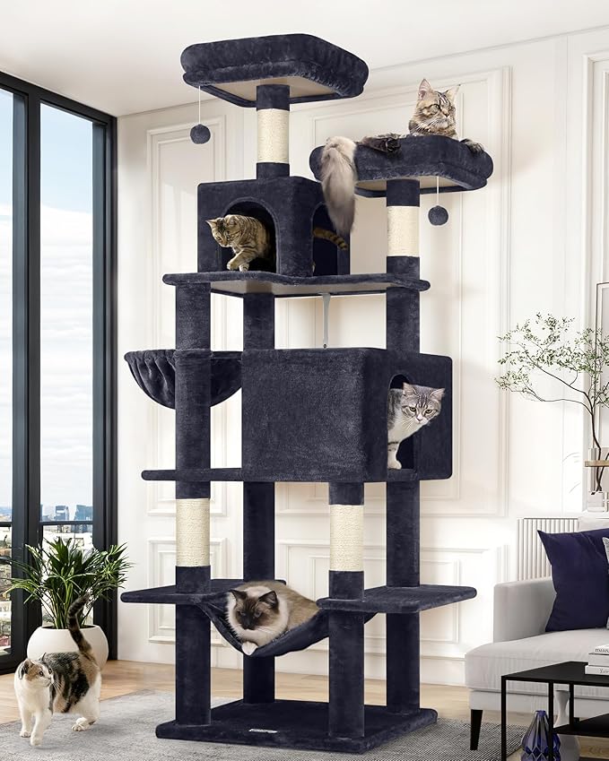 Globlazer Cat Tree Tower, 76-Inch Extra Tall Multi-Level Cat Furniture with Cozy Condos, Hammock and Perches for Adult Cats, Perfect for Climbing, Scratching, and Play, F76, Dark Grey-PawvioPets