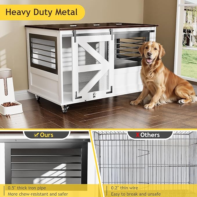 47 inch XL Dog Crate Furniture with Top-Access Teasing/Feeding Doors, Farmhouse Wooden Decorative Dog Crates with Wheels, Chew-Resistant Dog Crates End Table for Medium&Large Dogs, White-PawvioPets