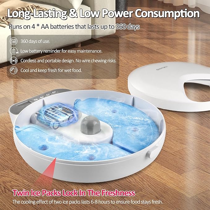 Automatic Cat Feeder Wet Food, Battery Operated Auto Wet/Dry Food Feeder with 2 Ice Packs, Cordless Programmable Timer Pet Auto Dispenser for Cat and Small & Medium Dog (4-Meals & Battery Included)-PawvioPets