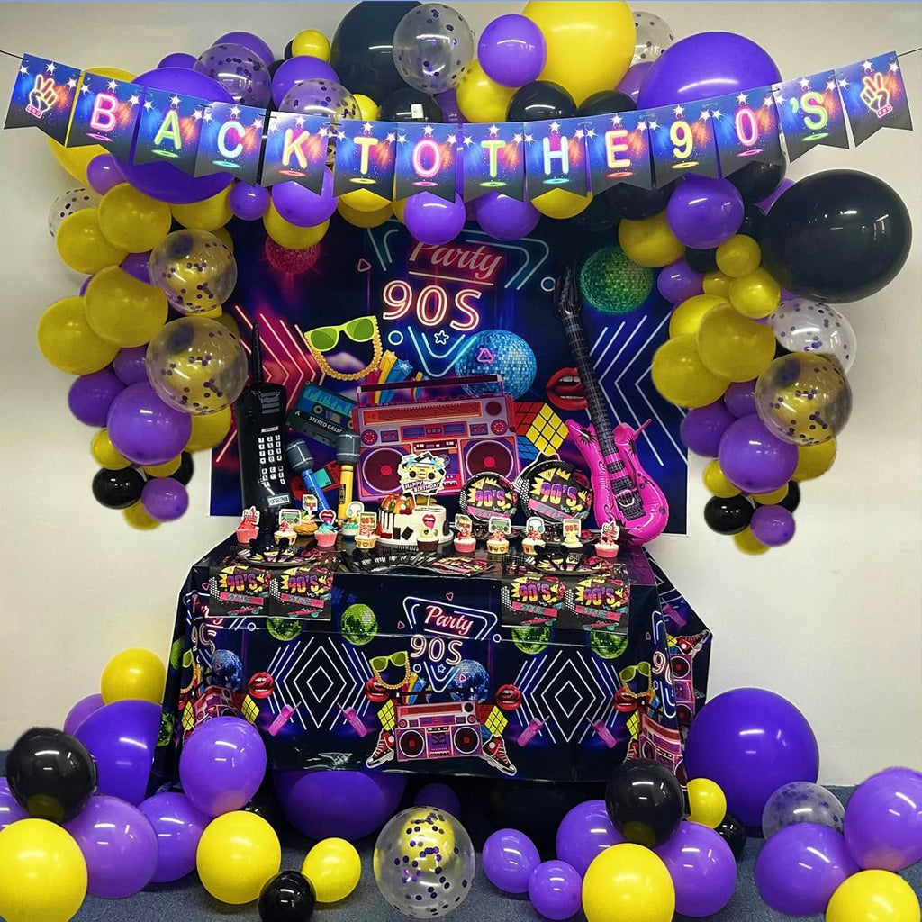 90s Party Decorations 80's 90's Theme Party Bundle includes Inflatable Gitar&Mobile Phone, Back To The 90's Banner, Tablecloth, Cake Toppers, Plates, Napkins, Hip-Hop Backdrop