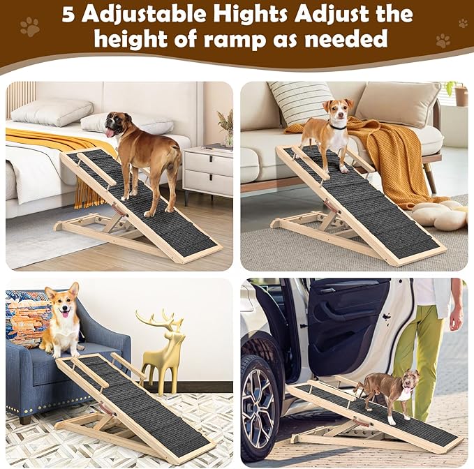Dog Ramp for Couch, Bed or Car, Wooden 44" Long Pet Stairs for Small & Large Old Dogs & Cats, Hold up to 200lb, 5 Adjustable Height from 14.96" to 22", Portable Doggie Steps, Excellent Traction-PawvioPets