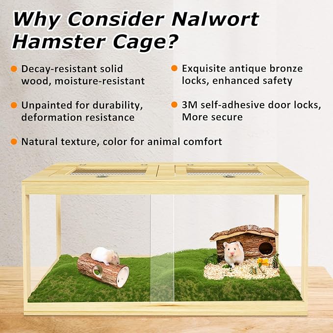 32" Hamster Habitat Enclosure, Lockable Sliding Door Gerbil Cage, Dwarf Hamster Cage with Metal Mesh Roof, Chewproof Syrian Hamster Cage for Mice, Small Animal, (Wooden, 32" L x 16" W x 16" H)-PawvioPets