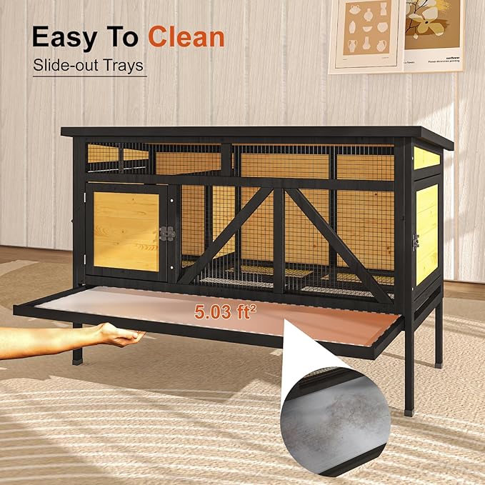 46.7" Rabbit Cage Elevated Bunny Cage Indoor, Outdoor Rabbit Hutch Hamster Cages for Small Animals, Wooden Guinea Pig Cages with Removable Tray & Waterproof Asphalt Roof & Bottom Wire Mesh-PawvioPets