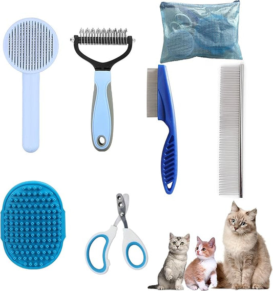 Cat Grooming Brush Kit 6 Tools - Deshedding & Dematting for Long/Short Hair, Self-Cleaning Slicker Brush with 6-in-1 Flea Comb for Cats & Kittens (Blue)-PawvioPets