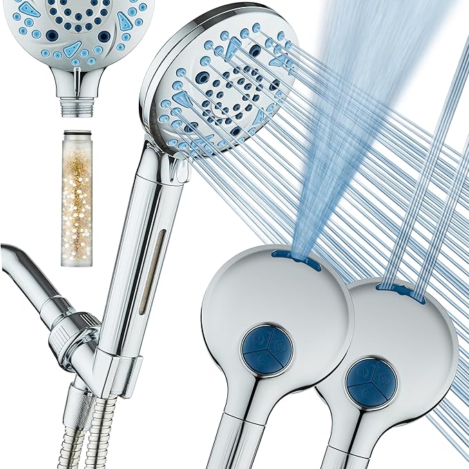 AquaCare High Pressure 10 Spray Mode Filtered Showerhead - Handheld Shower Head Filters Chlorine to Heal Dry Skin, Revive Hair - Dual Power Wash Cleans Tub, Tile, Pets - Hard Water Softener, Chrome-PawvioPets
