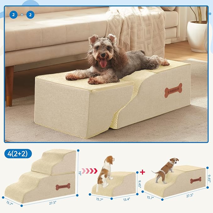 Dog Stairs 4 Steps for Small Dogs and Cats to Get on High Beds, Couch or Car, Pets Can Climb, Sit, Lie Down or Perch to Look Out Windows on The Spliceable Ramp, Provides Support, Beige（19" H）-PawvioPets
