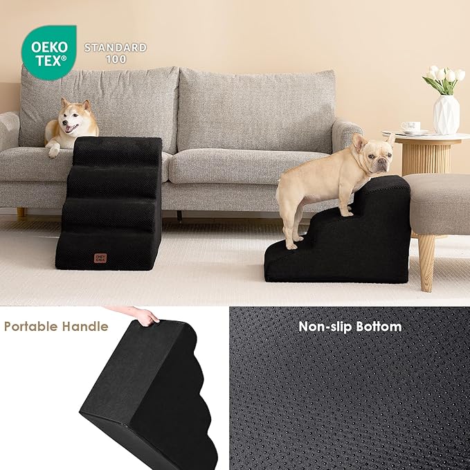 EHEYCIGA Curved Dog Stairs Ramp for Small Dogs 15.7" H, 3-Step Dog Steps for Couch Sofa and Chair, Pet Stairs for Cats, Non-Slip Balanced Pet Steps Indoor, Black-PawvioPets