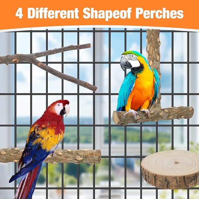 Bird Perch Stand, Pole Standing Natural Wood Bird Perch Set 7PCS Paw Grinding Fork Parrot Cage Branch with Rope Cage Accessories Toys for Parakeets, Cockatiels, Conure, Budgies-PawvioPets